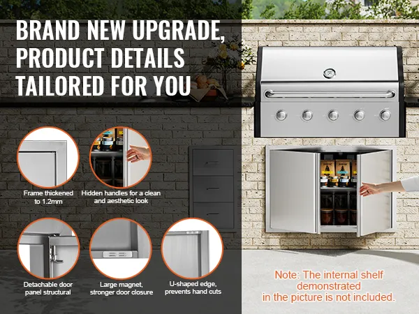 VEVOR bbq access door, thickened frame, hidden handles, detachable panels, and large magnetic closure.