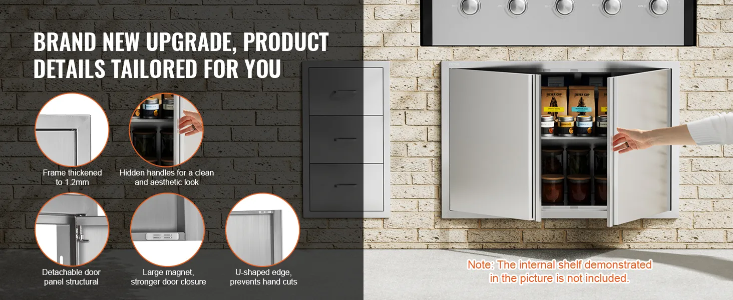 VEVOR bbq access door, thickened frame, hidden handles, detachable panels, and large magnetic closure.