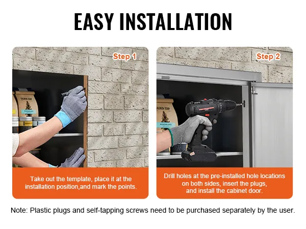 VEVOR bbq access door installation steps: mark the points, drill holes, insert plugs, and install.