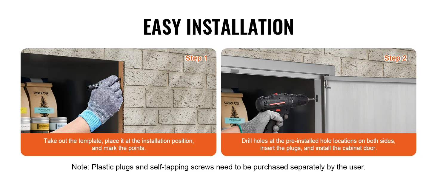 VEVOR bbq access door installation steps: mark the points, drill holes, insert plugs, and install.