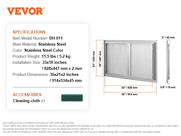 VEVOR Grill-Zugangstür aus Edelstahl, 36 x 21 x 2 Zoll, mit Maßangaben und Reinigungstuch inklusive.