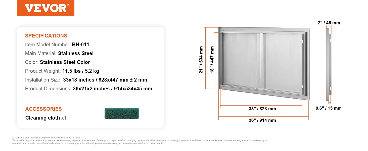 VEVOR Grill-Zugangstür aus Edelstahl, 36 x 21 x 2 Zoll, mit Maßangaben und Reinigungstuch inklusive.