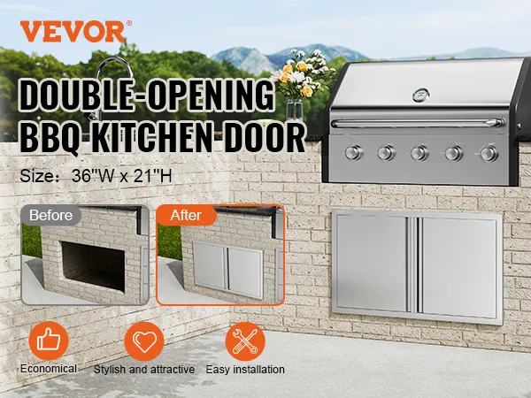 VEVOR-Grill-Zugangstür mit doppelter Öffnung, 36" B x 21" H, stilvolle Edelstahlinstallation.