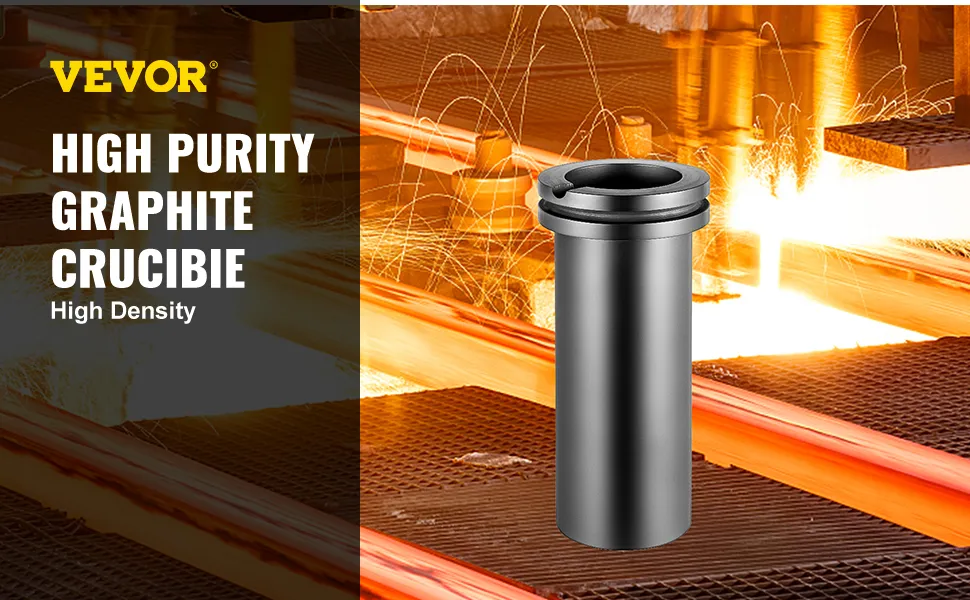 VEVOR graphite crucible, high purity and density with hot orange industrial background.