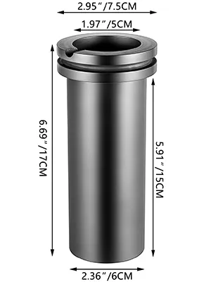 VEVOR graphite crucible with dimensions in inches and centimeters.
