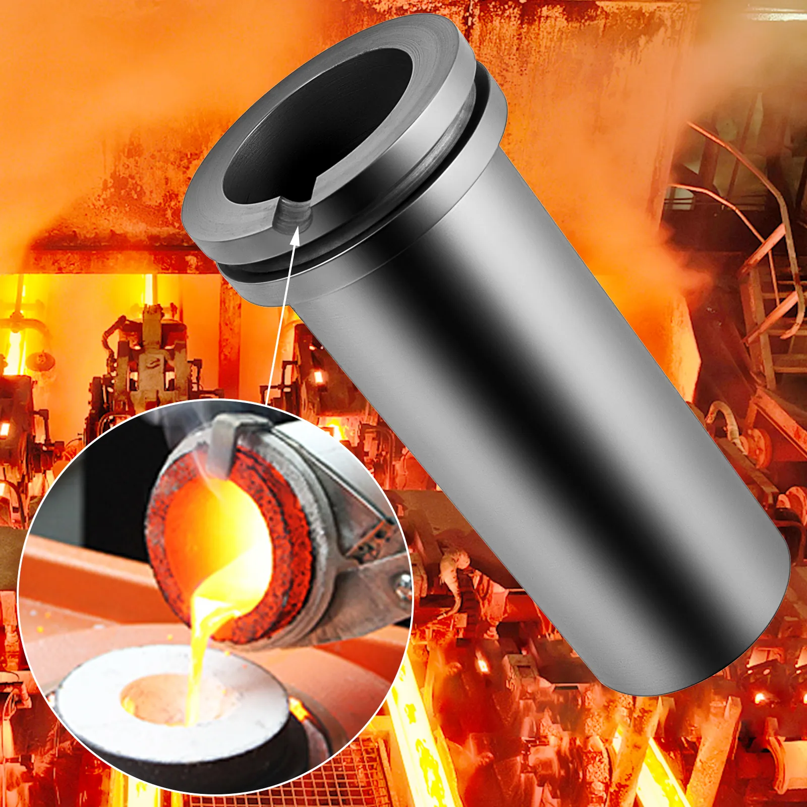 VEVOR graphite crucible in industrial furnace with molten metal pouring process.