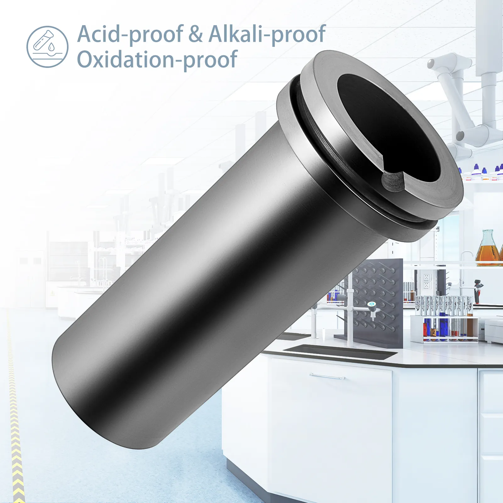 VEVOR graphite crucible in a lab, acid-proof, alkali-proof, and oxidation-proof.