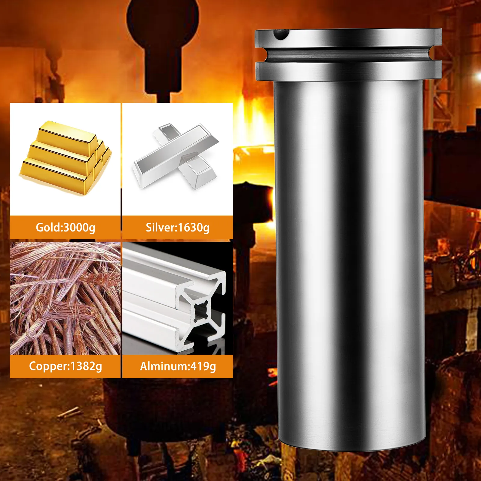 VEVOR graphite crucible with 3000g gold, 1630g silver, 1382g copper, and 419g aluminum capacity.