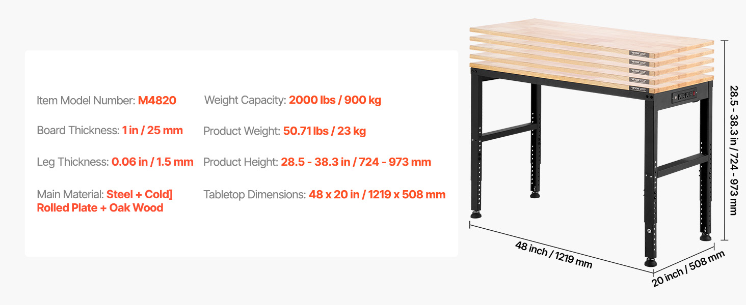 VEVOR Adjustable Workbench, 2000 lbs Capacity, 48 x 20-inch Heavy
