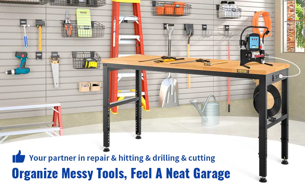 VEVOR adjustable workbench in organized garage with tools, ladder, and storage solutions.