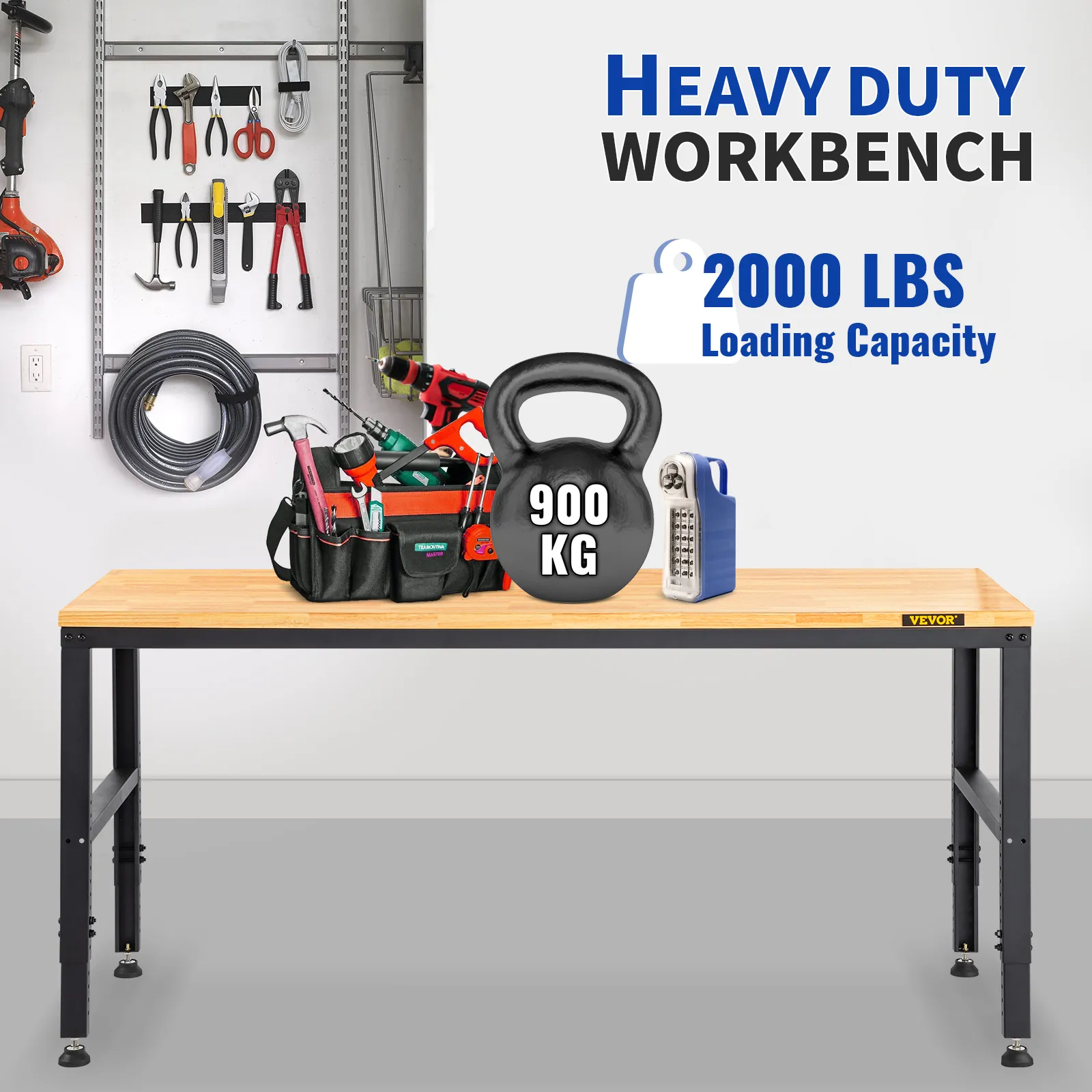 heavy-duty VEVOR adjustable workbench with tools, 900kg kettlebell, 2000 lbs loading capacity.