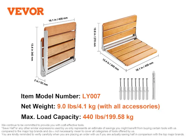 VEVOR folding shower seat with wood slats, dimensions, max load 440 lbs, package content included.