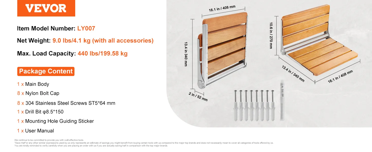 VEVOR folding shower seat with wood slats, dimensions, max load 440 lbs, package content included.