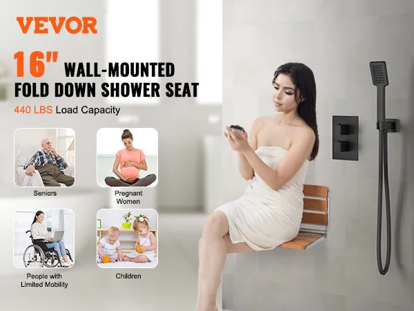 VEVOR folding shower seat - 16" wall-mounted fold down, 440 lbs capacity, ideal for seniors and more.