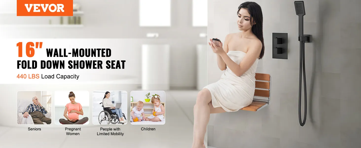 VEVOR folding shower seat - 16" wall-mounted fold down, 440 lbs capacity, ideal for seniors and more.