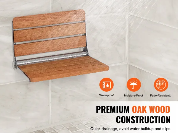 VEVOR folding shower seat in oak wood with waterproof, moisture-proof, and fade-resistant features.