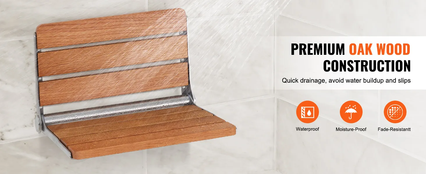 VEVOR folding shower seat in oak wood with waterproof, moisture-proof, and fade-resistant features.