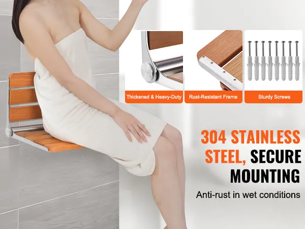 woman sitting on VEVOR folding shower seat with a rust-resistant frame and sturdy screws for secure mounting.