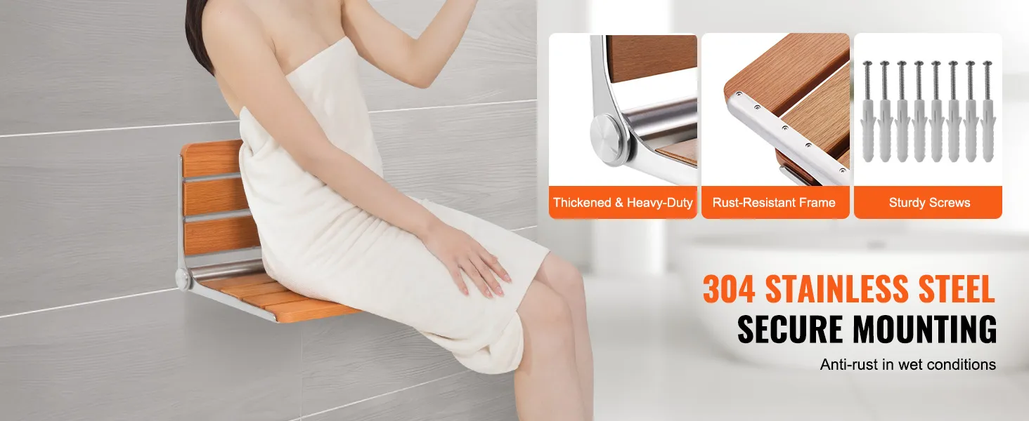 woman sitting on VEVOR folding shower seat with a rust-resistant frame and sturdy screws for secure mounting.