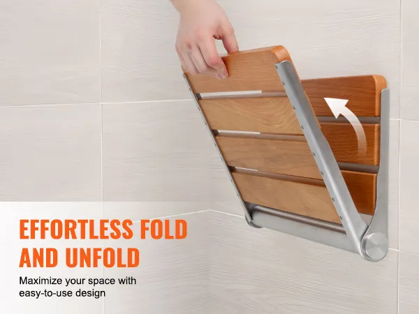 hand folding a wooden VEVOR folding shower seat, maximizing space with easy-to-use design.