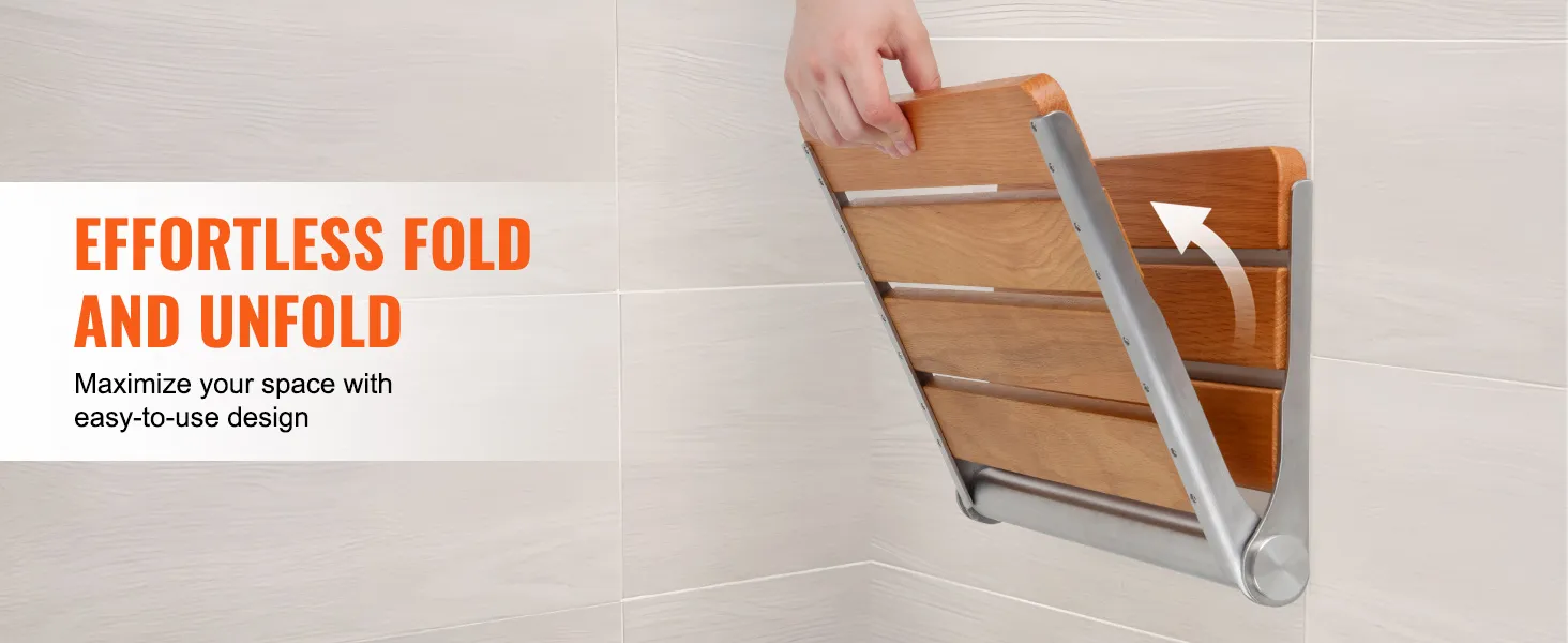 hand folding a wooden VEVOR folding shower seat, maximizing space with easy-to-use design.
