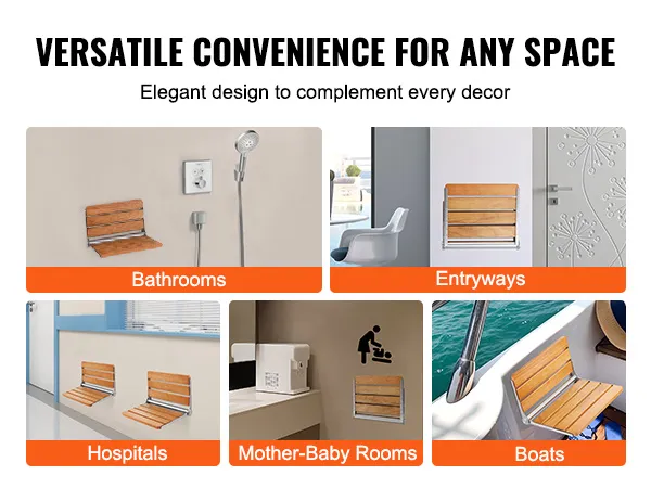 VEVOR folding shower seat in various settings: bathrooms, entryways, hospitals, mother-baby rooms, boats.