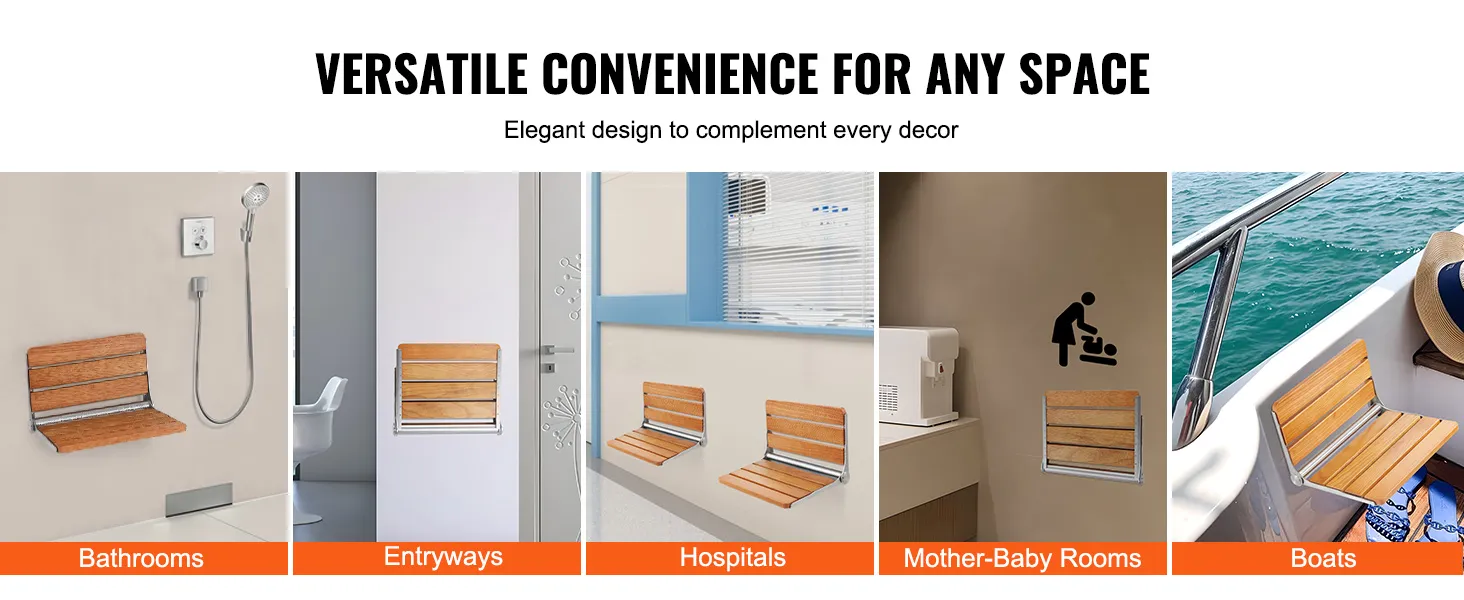 VEVOR folding shower seat in various settings: bathrooms, entryways, hospitals, mother-baby rooms, boats.