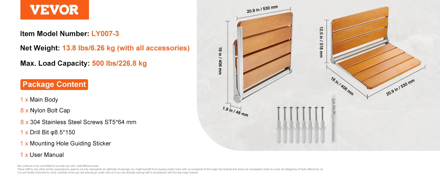 VEVOR opvouwbare teakhouten douchestoel met hardware, afmetingen en installatiekitdetails. Draagvermogen 500 lbs.