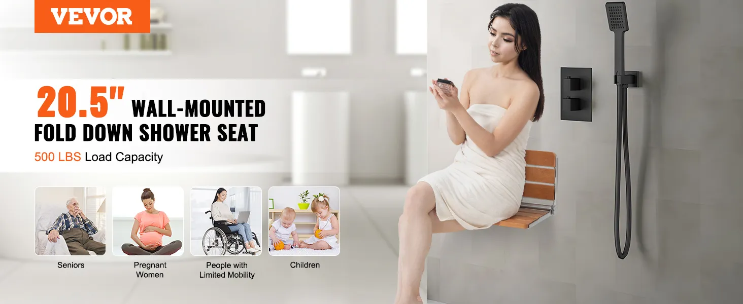 VEVOR opvouwbare douchestoel van teakhout, 20,5" voor wandmontage, opklapbaar, draagvermogen van 500 lb, geschikt voor senioren, zwangere vrouwen, mensen met beperkte mobiliteit en kinderen.