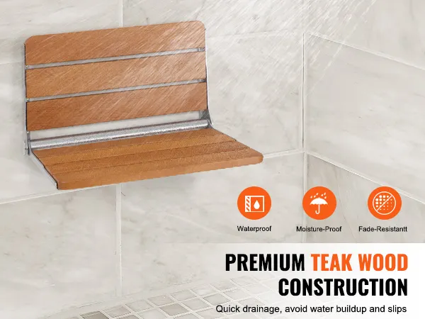 VEVOR opvouwbare douchestoel van teakhout met waterdichte, vochtbestendige en kleurvaste teakhouten constructie.