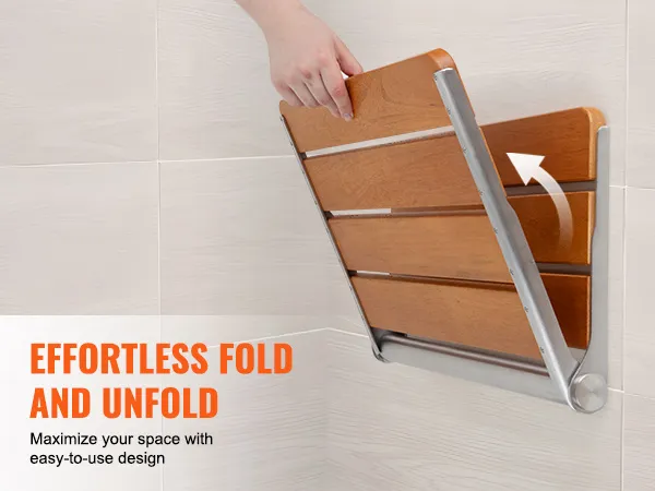 VEVOR opvouwbare douchestoel van teakhout, aan de muur te monteren met een handvouw van de houten latten, ruimtebesparend ontwerp.