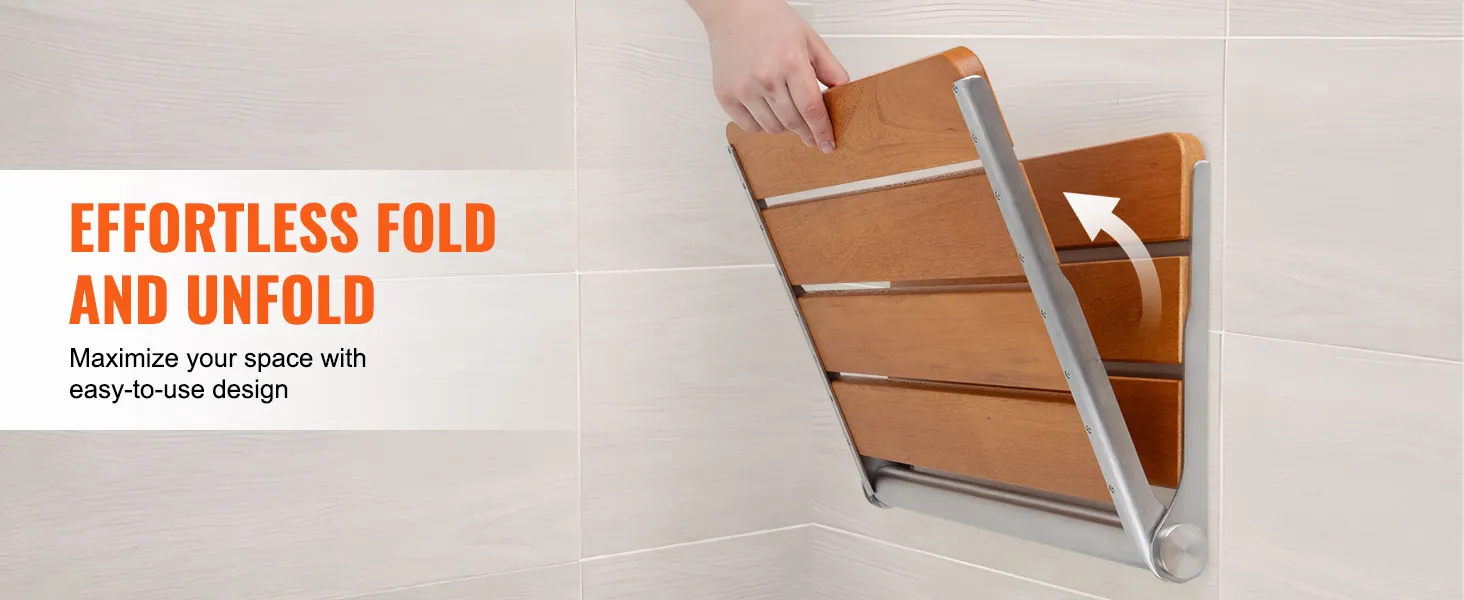 VEVOR opvouwbare douchestoel van teakhout, aan de muur te monteren met een handvouw van de houten latten, ruimtebesparend ontwerp.