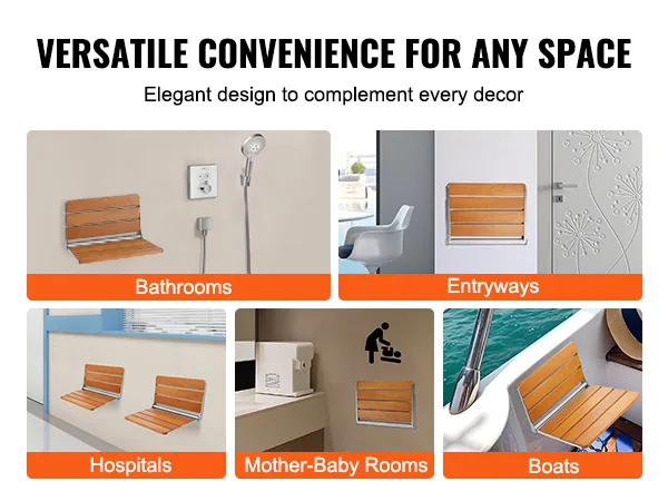 VEVOR opvouwbare teakhouten douchestoel voor montage in badkamers, entrees, ziekenhuizen, moeder-babykamers en boten.