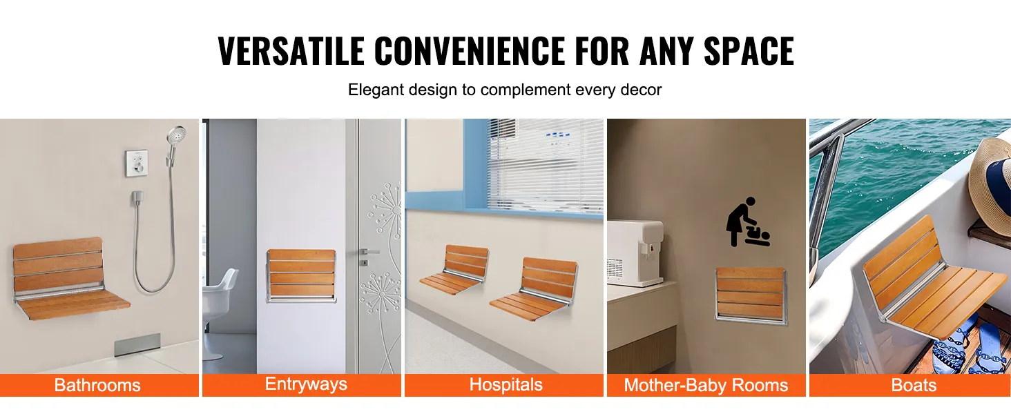 VEVOR opvouwbare teakhouten douchestoel voor montage in badkamers, entrees, ziekenhuizen, moeder-babykamers en boten.