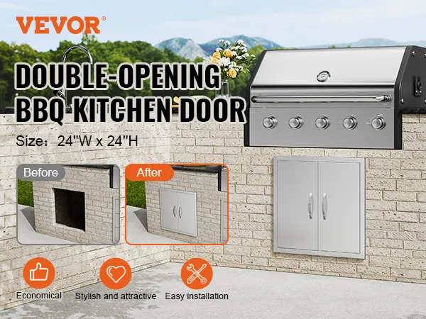 VEVOR bbq access door: double-opening stainless steel doors in an outdoor kitchen island with a brick finish.