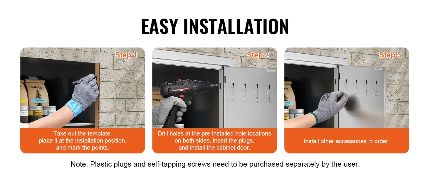 easy installation steps for VEVOR bbq access door: mark points, drill holes, and install accessories.