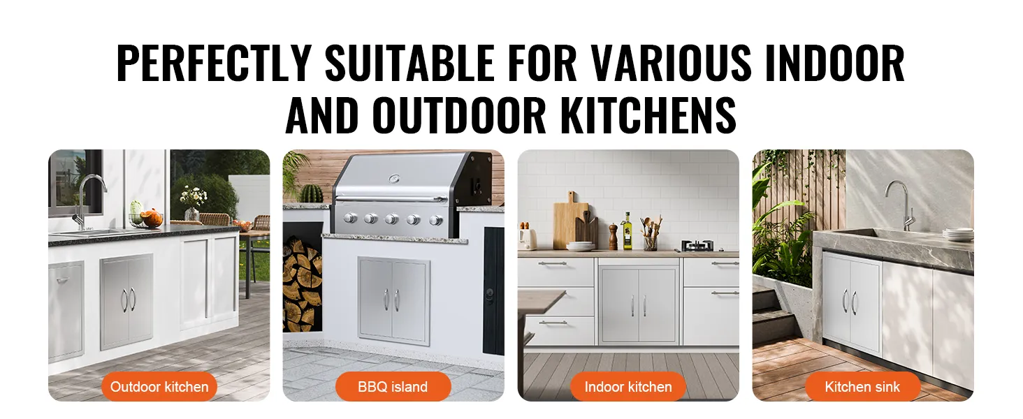 VEVOR bbq access door in outdoor and indoor kitchen settings, alongside bbq island and kitchen sink.