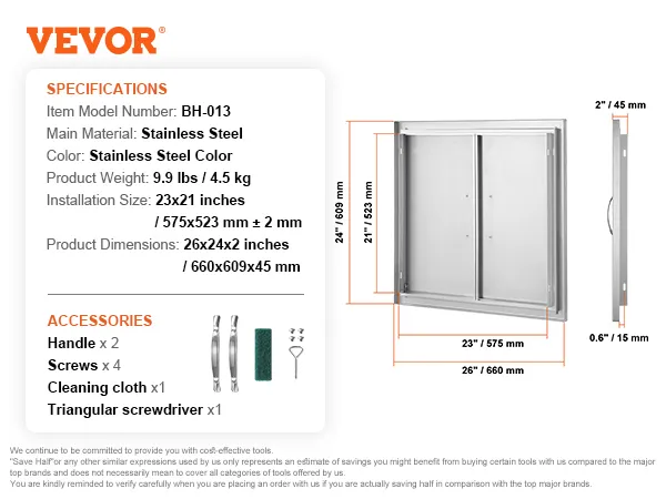 VEVOR bbq access door, stainless steel, dimensions 26x24 inches, with handles and hardware.