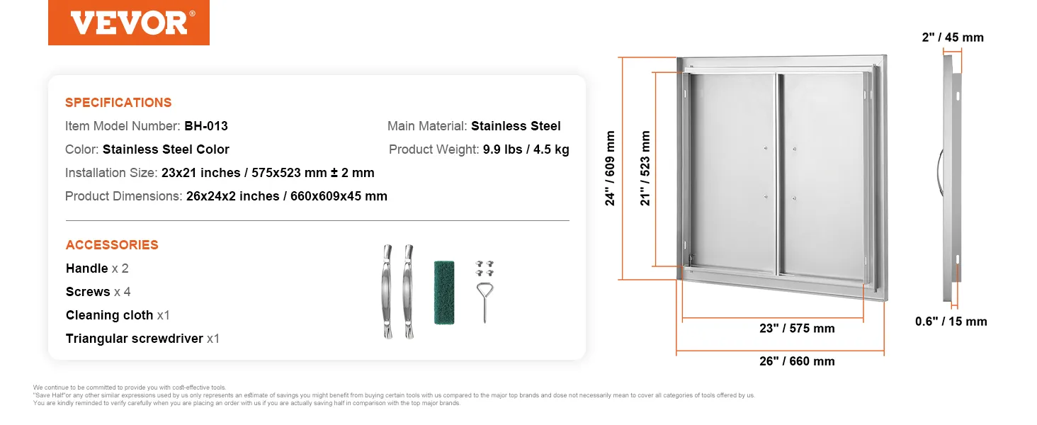 VEVOR bbq access door, stainless steel, dimensions 26x24 inches, with handles and hardware.