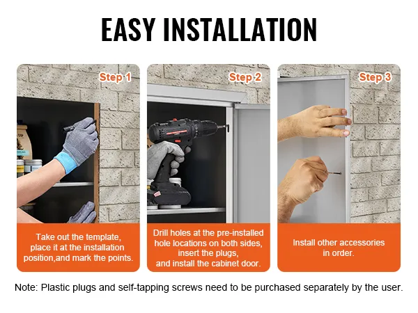 easy installation guide for VEVOR bbq access door: steps include marking points, drilling holes, inserting plugs.