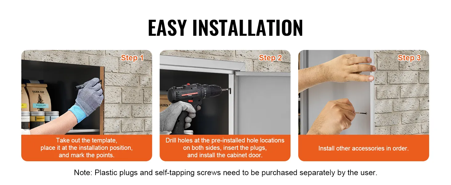 easy installation guide for VEVOR bbq access door: steps include marking points, drilling holes, inserting plugs.