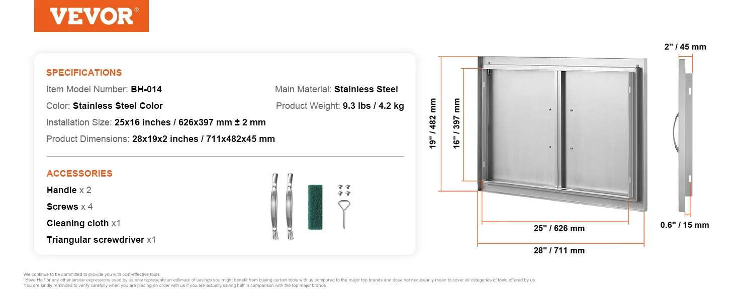 Sportello di accesso per barbecue VEVOR, acciaio inossidabile, 28x19x2 pollici; include maniglie, viti, panno per la pulizia, cacciavite.