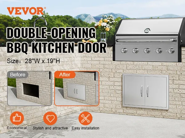Sportello di accesso per barbecue VEVOR, doppia apertura, prima e dopo l'installazione, dimensioni 28" di larghezza x 19" di altezza, facile da installare.