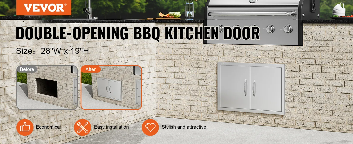 Sportello di accesso per barbecue VEVOR, doppia apertura, prima e dopo l'installazione, dimensioni 28" di larghezza x 19" di altezza, facile da installare.