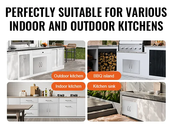 Sportello di accesso per barbecue VEVOR presente in varie configurazioni di cucina: cucina esterna, isola per barbecue, cucina interna e lavello della cucina.