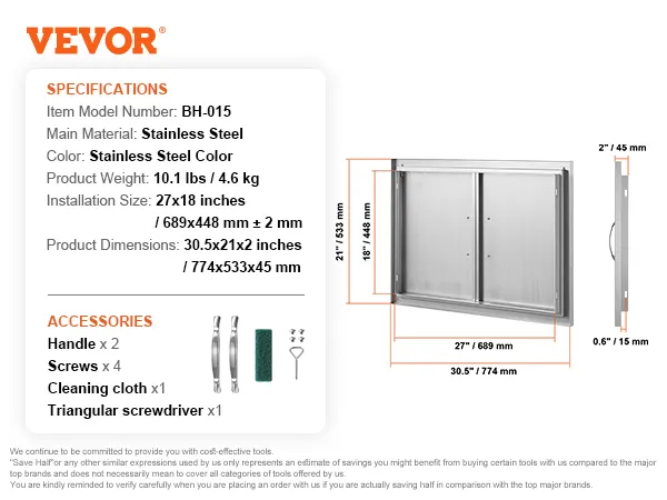 Drzwiczki do grilla VEVOR, stal nierdzewna, 27x18 cali, w zestawie uchwyty, śruby, ściereczka do czyszczenia i śrubokręt.