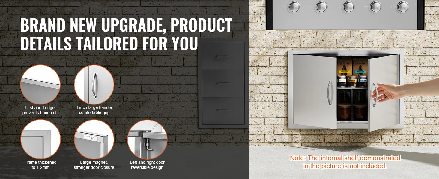 Drzwiczki do grilla VEVOR z krawędzią w kształcie litery U, dużym uchwytem, pogrubioną ramą i odwracalną konstrukcją.