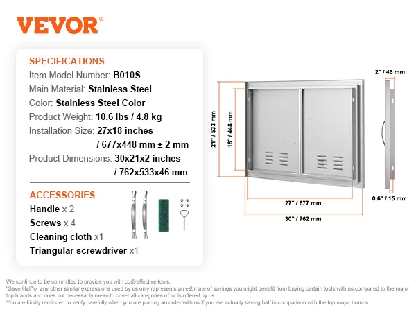 VEVOR Grill-Zugangstür in Edelstahlfarbe, 27 x 18 Zoll Einbaugröße, Griffe, Schrauben inklusive.