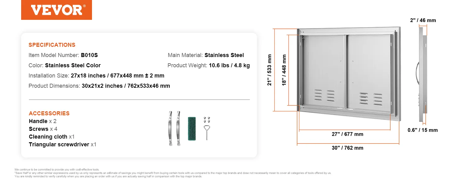 VEVOR Grill-Zugangstür in Edelstahlfarbe, 27 x 18 Zoll Einbaugröße, Griffe, Schrauben inklusive.