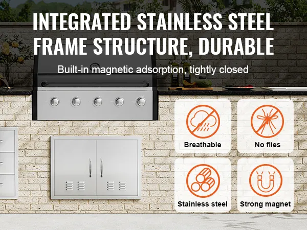 VEVOR-Grill-Zugangstür mit Edelstahlrahmen und integrierter magnetischer Adsorption an Ziegelwand.